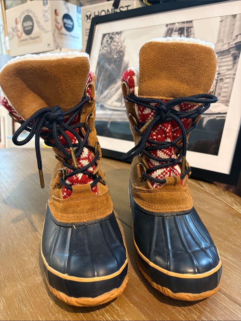 Khombu Tan and Navy Waterproof Winter Duck Boots with Red Knit Collar